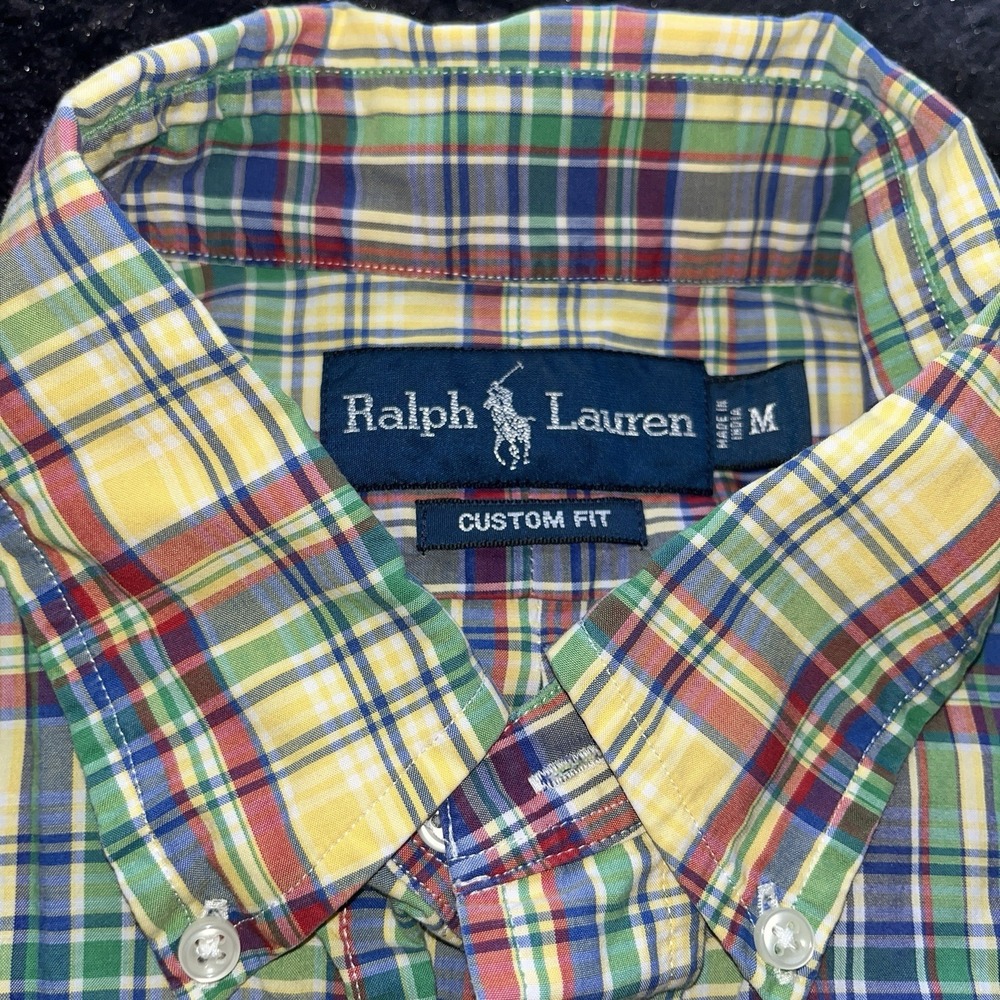 Ralph Lauren Yellow Blue Green Plaid Long Sleeve Shirt Custom Fit Mens M - Picture 4 of 9